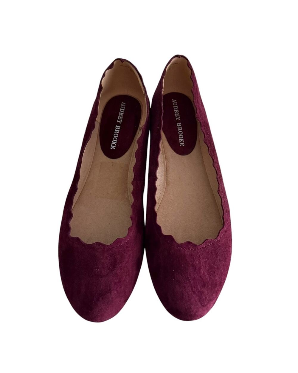 Audrey Brooke Winny Ballet Flats Women’s 10W Burgundy Suede Scalloped Shoes NIB